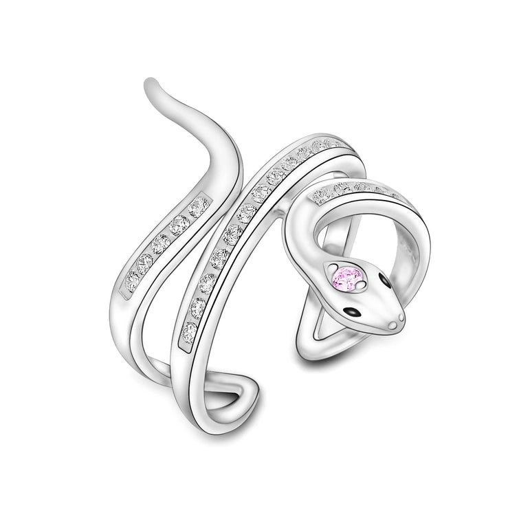Pink CZ Coiling Snake Ring Silver Adjustable Ring