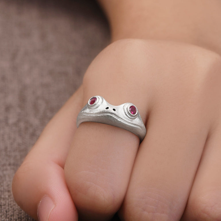 Ruby CZ Adjustable Frog Ring Sterling Silver Ring
