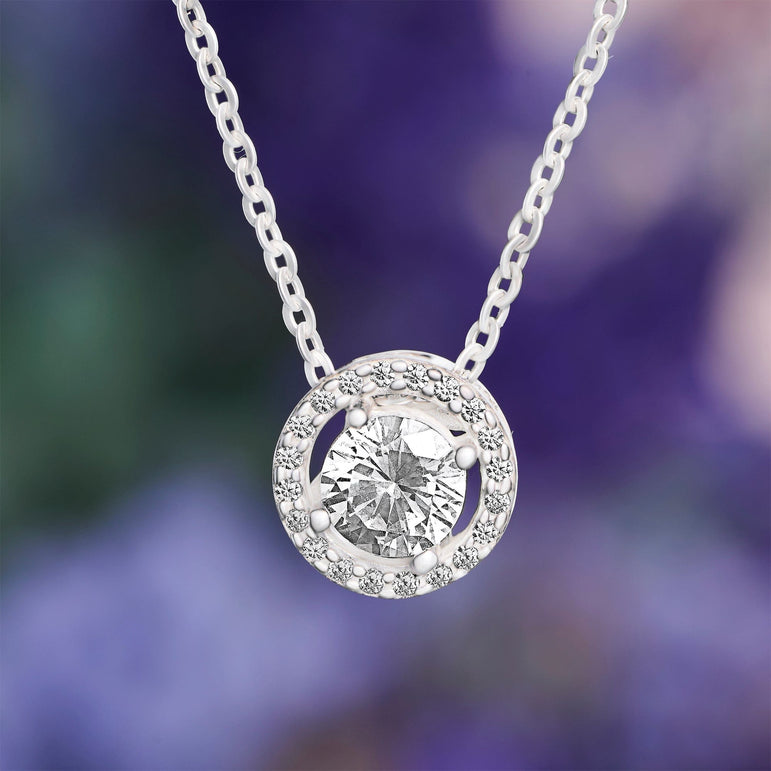 Round Sparkle Halo Necklace Sterling Silver - Eleganzia Jewelry