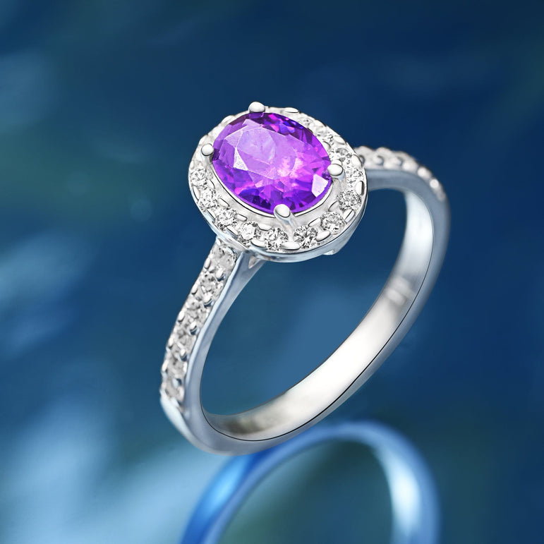 Amethyst Engagement Ring Vintage Halo Ring Wedding Band Promise Ring