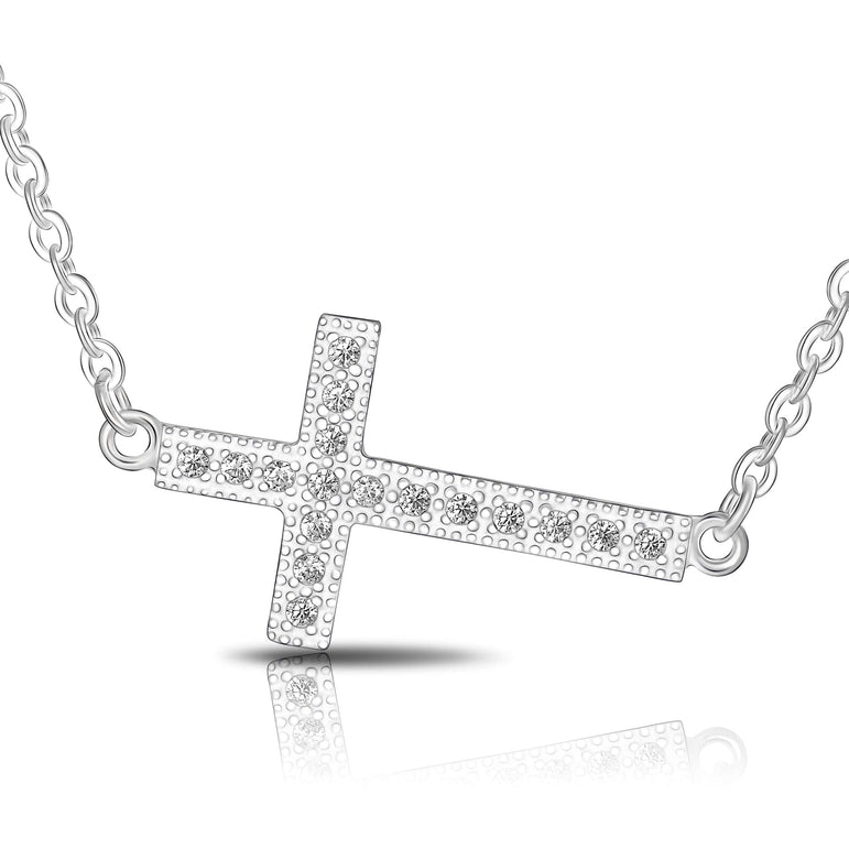 Simple yet charming adjustable sideways curved cross necklace is set with  simulated diamonds in gold-plated sterling silver - Diamond & Design