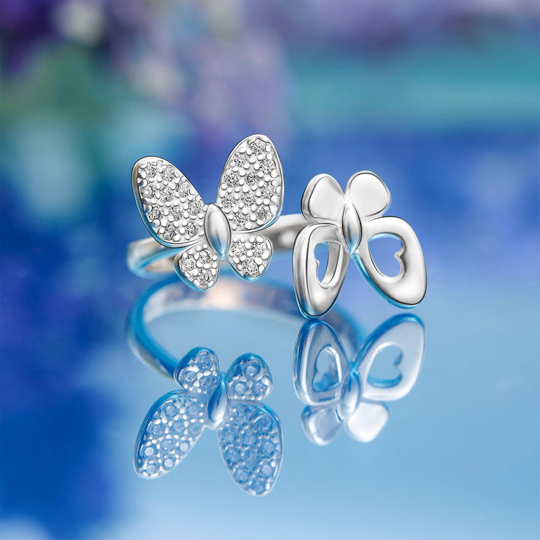 CZ Double Butterfly Ring Silver Adjustable Adjustable Ring