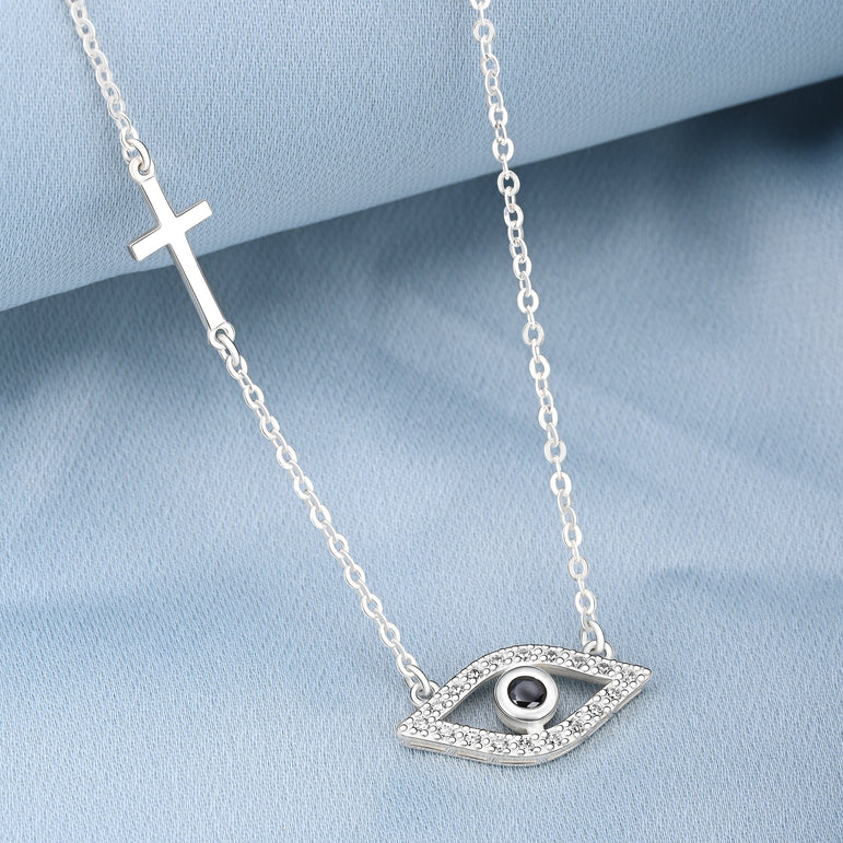 CZ Evil Eye Necklace with Sterling Silver Cross Charm Pendant Necklace