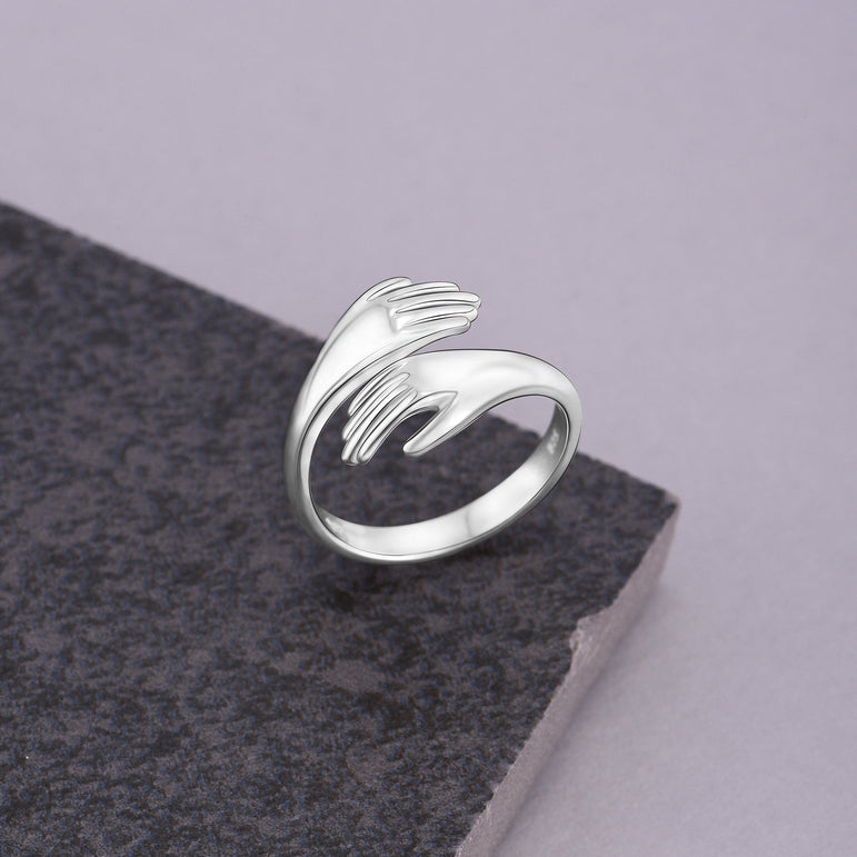 Couple Hug Ring Love Embrace Silver Adjustable Ring - Eleganzia