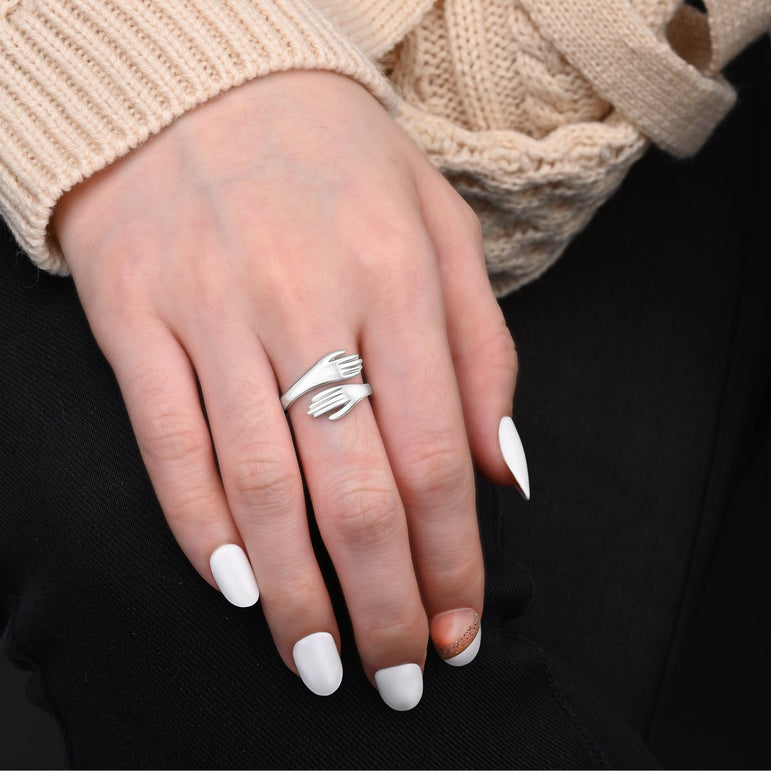 Couple Hug Ring Love Embrace Silver Adjustable Ring - Eleganzia