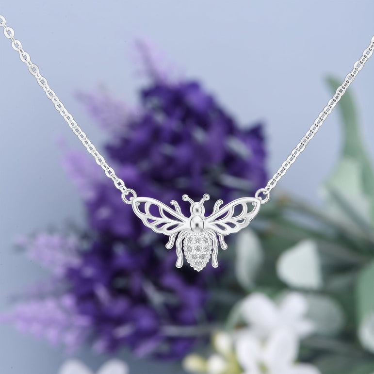 CZ Queen Honey Bee Necklace Sterling Silver Pendant Necklace