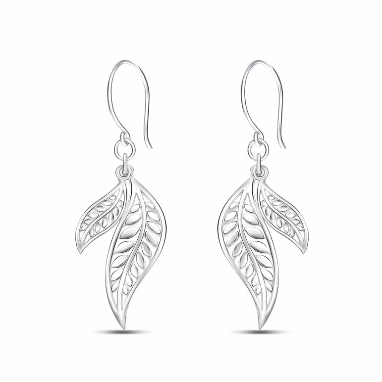 Feathered Leaf Drop Earrings Silver Dangle Earrings Drop Earrings