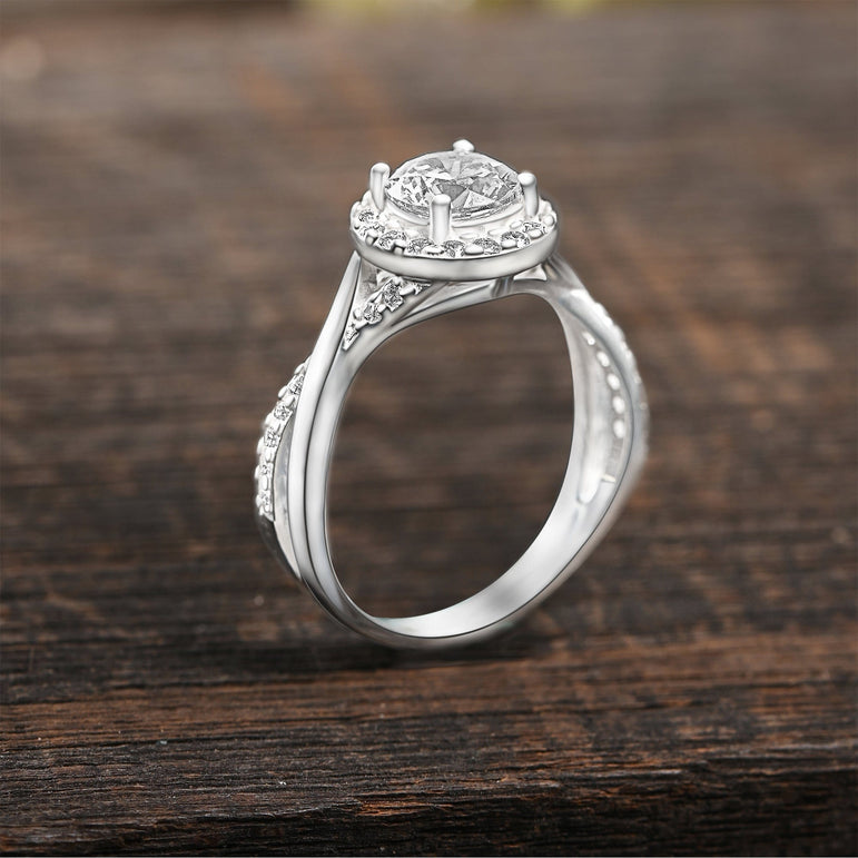 Infinity Twist CZ Halo Engagement Ring Silver Promise Ring