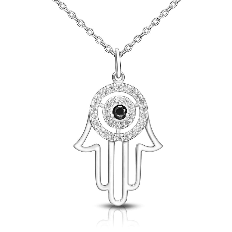 Black CZ Evil Eye Necklace in Sterling Silver Hamsa Hand Pendant Necklace
