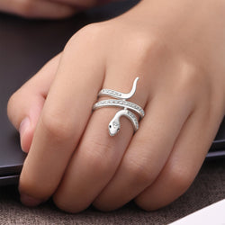 White CZ Coiling Snake Ring Silver Adjustable Ring
