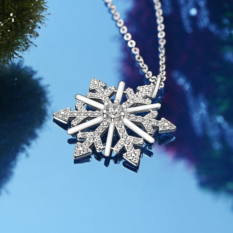 CZ Winter Star Snowflake Necklace Silver Pendant Necklace