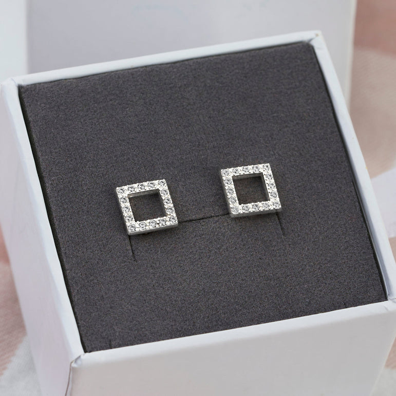 Open Square Cubic Zirconia Stud Earrings Silver Stud Earrings
