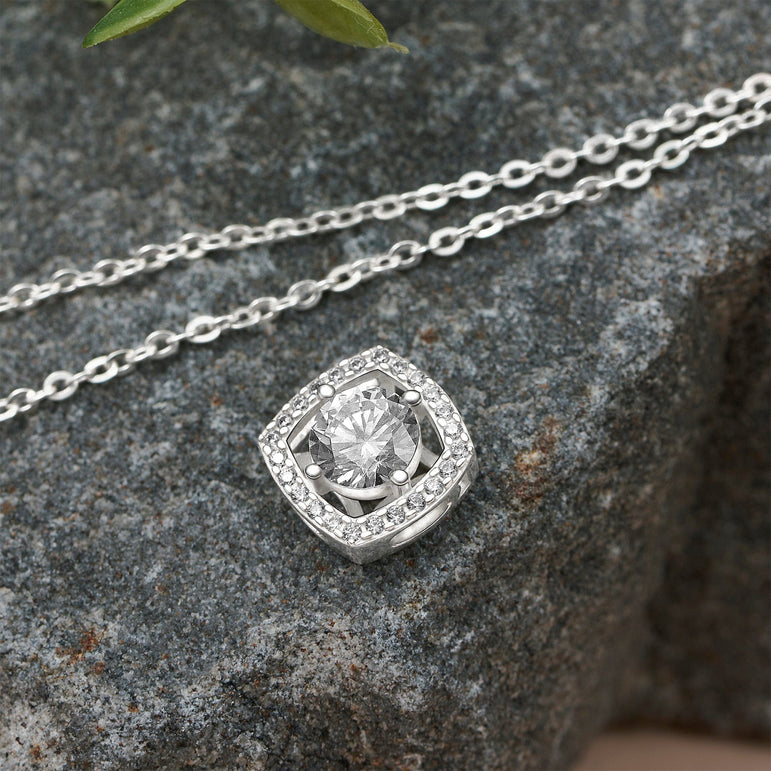 Silver CZ Necklace with Square Pendant Pendant