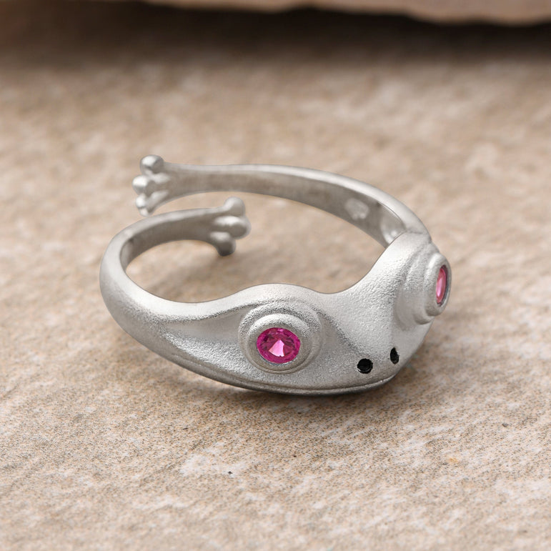 Ruby CZ Adjustable Frog Ring Sterling Silver Ring