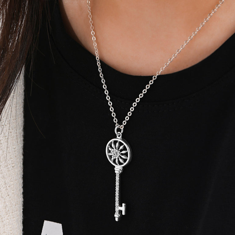 Circle Compass Key Necklace Silver Pendant Necklace