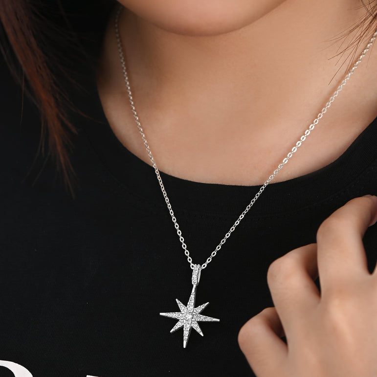 Diamond Starburst Pendant Necklace 14K White Gold