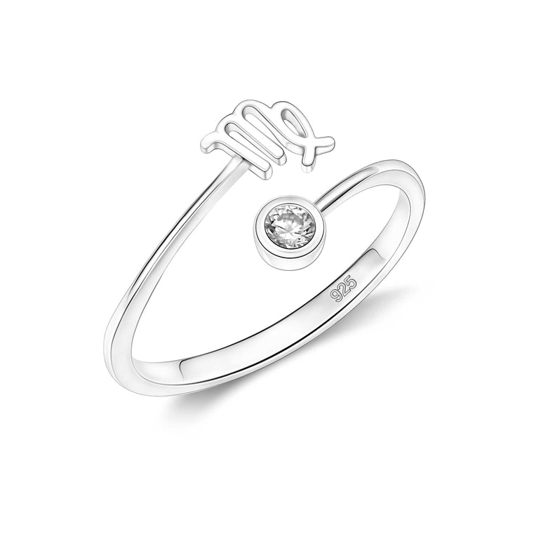 CZ Zodiac Ring Sterling Silver Adjustable 12 Constellation Rings Ring Virgo / High Polished